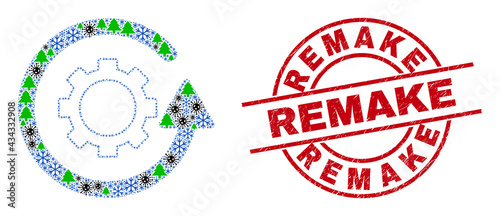 Winter Covid combination gear rotation, and unclean Remake red round watermark. Collage gear rotation is composed from Covid, fir-tree, and snowflake icons.
