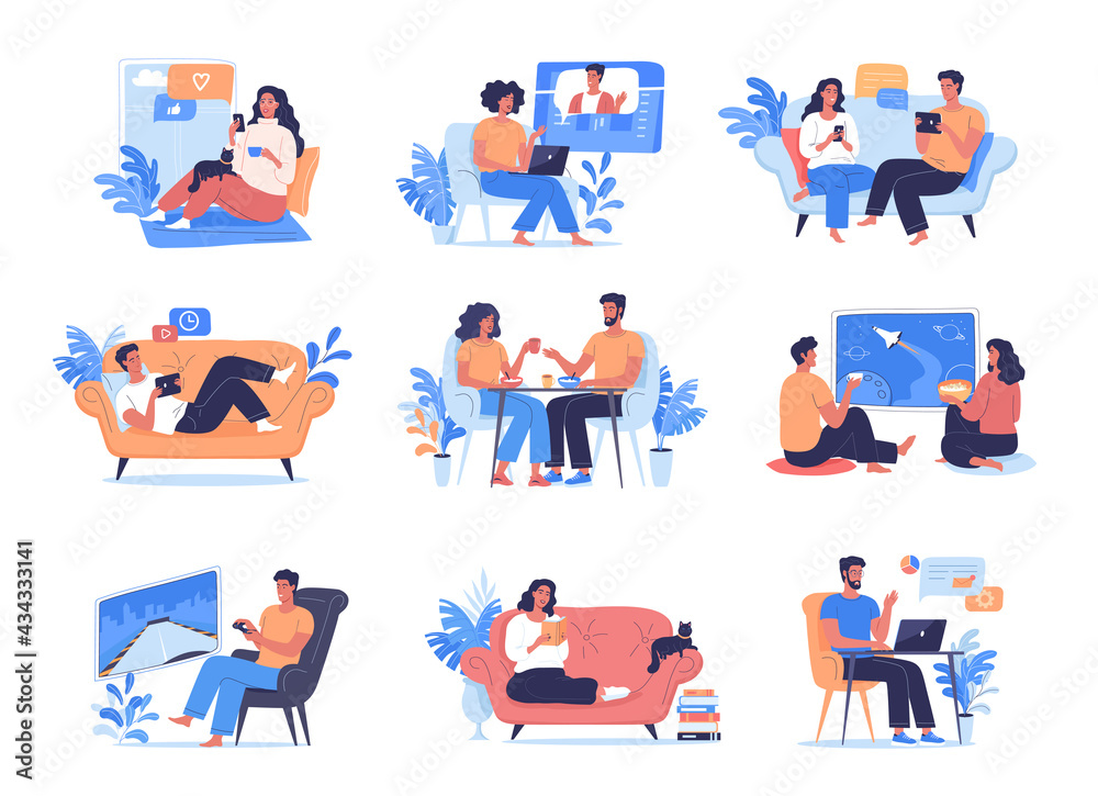 Different people resting at home during quarantine time Different people resting at home during quarantine time