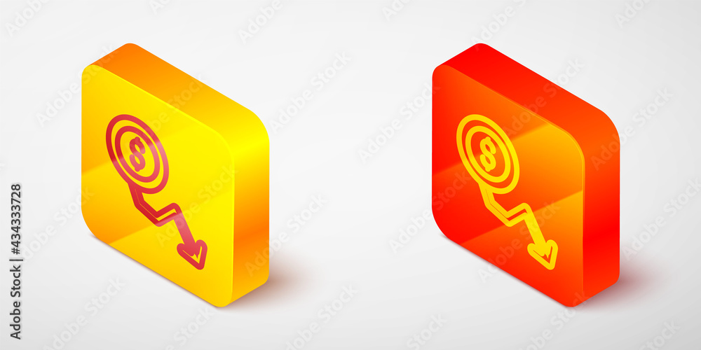 Isometric line Dollar rate decrease icon isolated on grey background. Cost reduction. Money symbol with down arrow. Business lost crisis decrease. Yellow and orange square button. Vector