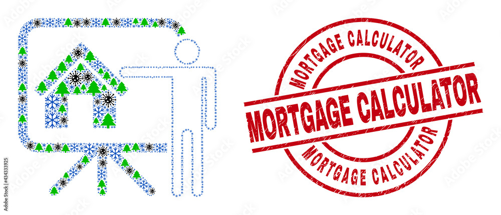 Winter viral mosaic realtor public report, and Mortgage Calculator red round stamp. Collage realtor public report is constructed with virus, fir tree, and ice crystal icons. Winter viral mosaic realtor public report, and Mortgage Calculator red round stamp. Collage realtor public report is constructed with virus, fir tree, and ice crystal icons.