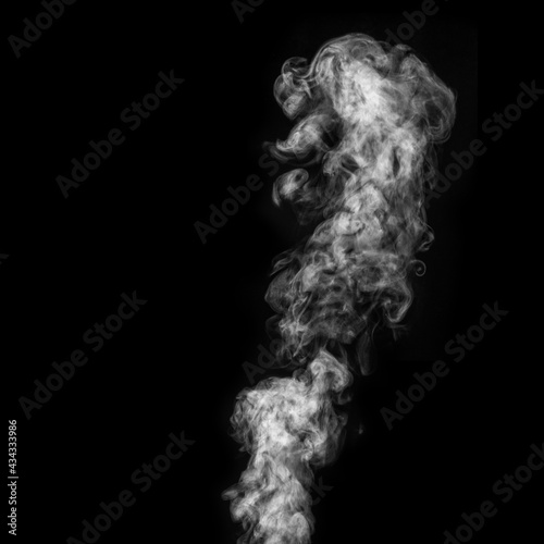 Perfect mystical curly white steam or smoke isolated on black background, square frame. Abstract background fog