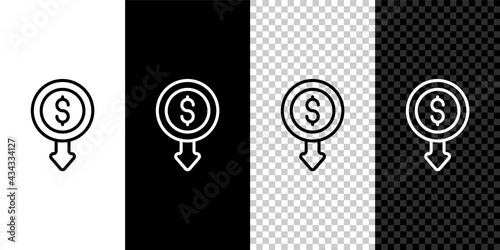 Set line Dollar rate decrease icon isolated on black and white, transparent background. Cost reduction. Money symbol with down arrow. Business lost crisis decrease. Vector