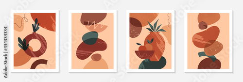Bundle of modern abstract vector illustrations with vases,organic various shapes and leaves.Boho watercolor wall art decor.Trendy artistic designs perfect for banners;social media,covers,wallpaper.
