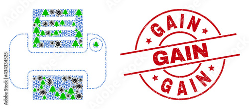 Winter Covid composition printer, and distress Gain red round seal. Collage printer is formed from Covid-2019 virus, forest, and snowflake symbols. Red Gain watermark uses circles and lines.