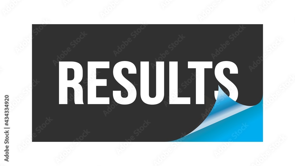 RESULTS text written on black blue sticker. RESULTS text written on black blue sticker.
