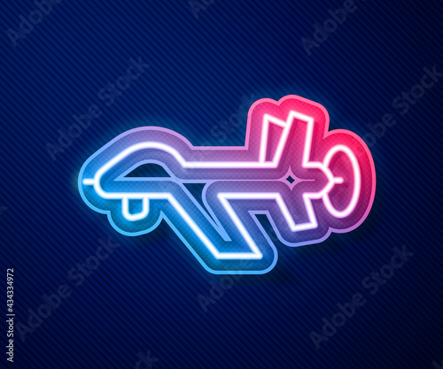 Glowing neon line UAV Drone icon isolated on blue background. Military Unmanned aircraft spy. Vector