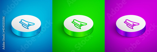 Isometric line Pilot hat icon isolated on blue, green and purple background. White circle button. Vector