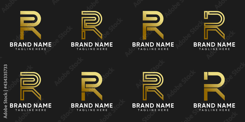 Set of monogram logo design initial letter R with golden style color