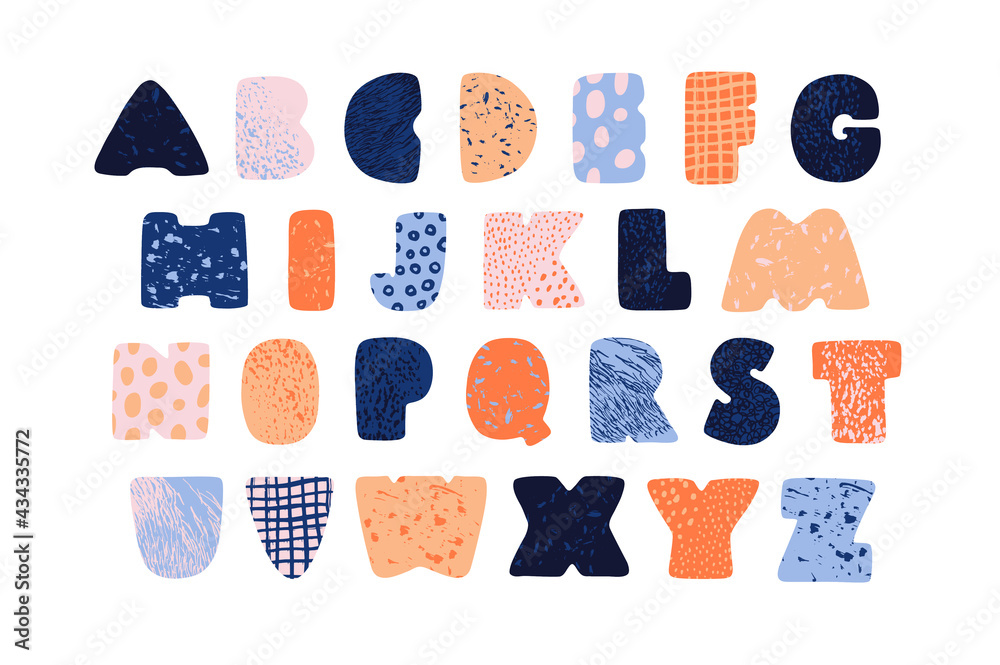 Alphabet for children. bright beautiful colors, blue and orange, nice simple shapes. Funny bold textured letters. isolated on a white background. For print design, social media, decoration.