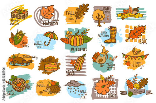 hand drawn handwritten autumn fall thanksgiving cute cartoon labels greeting cards badges backgrounds with leaves tree umbrella acorn rain cloud pumpkin turkey corn pie hedgehog on marker brush stroke
