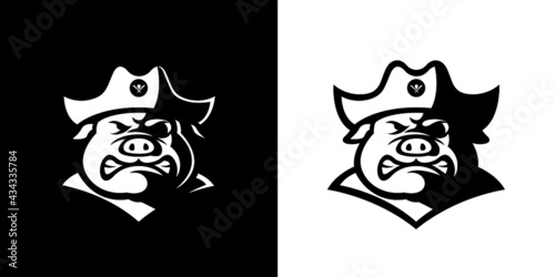 Pirate pig head mascot line art logo.