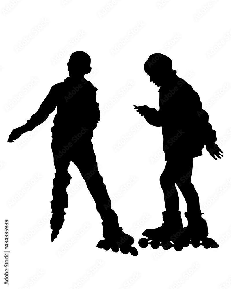 Young athlete on a roller skates. Isolated silhouette on a white background