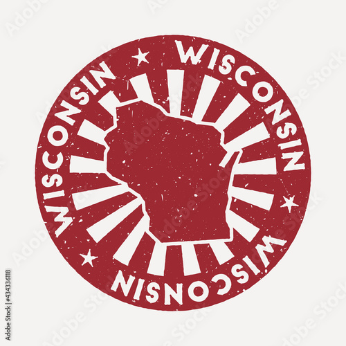 Wisconsin stamp. Travel red rubber stamp with the map of the US state, vector illustration. Can be used as insignia, logotype, label, sticker, or badge of Wisconsin.