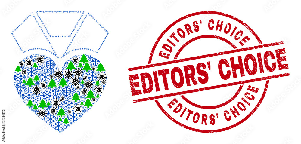 Winter viral composition heart award, and distress Editors' Choice red round stamp. Collage heart award is organized from viral, fir tree, and snow icons. Winter viral composition heart award, and distress Editors' Choice red round stamp. Collage heart award is organized from viral, fir tree, and snow icons.