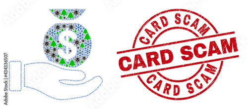 Winter pandemic collage financial service hand, and rubber Card Scam red round stamp seal. Collage financial service hand is done with viral, forest, and snow items.
