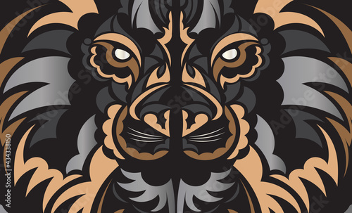 Polynesia and Maori dark luxury banner with lion face. Vector.