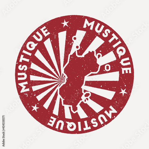 Mustique stamp. Travel red rubber stamp with the map of the island, vector illustration. Can be used as insignia, logotype, label, sticker, or badge of Mustique.