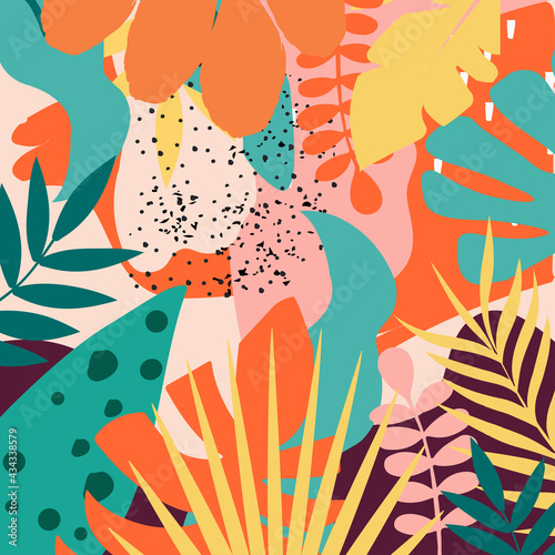 Colorful tropical leaves poster background vector illustration. Exotic plants, branches, flowers and leaves art print for beauty and natural products, spa and wellness, fabric and fashion © blossomstar