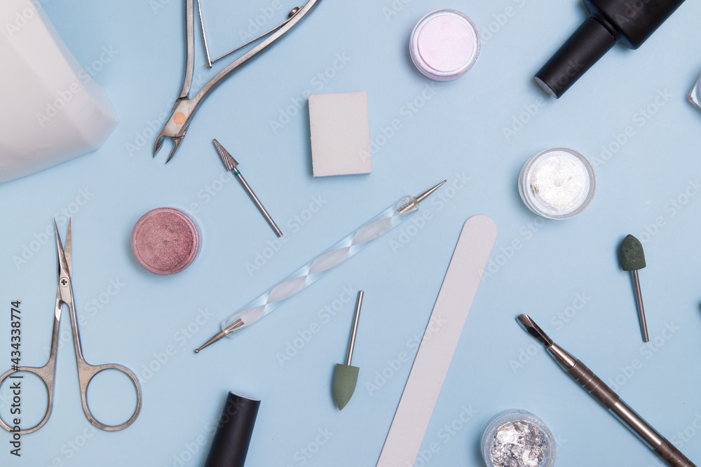 Tools and materials for manicure flat lay. Knolling nail care background Tools and materials for manicure flat lay. Knolling nail care background