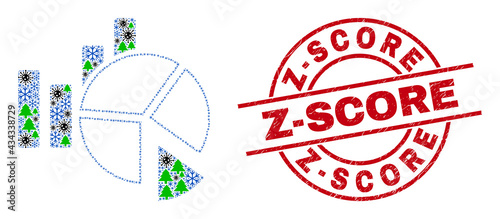 Winter coronavirus collage statistics charts, and scratched Z-Score red round stamp seal. Collage statistics charts is made with Covid, green tree, and ice crystal icons.