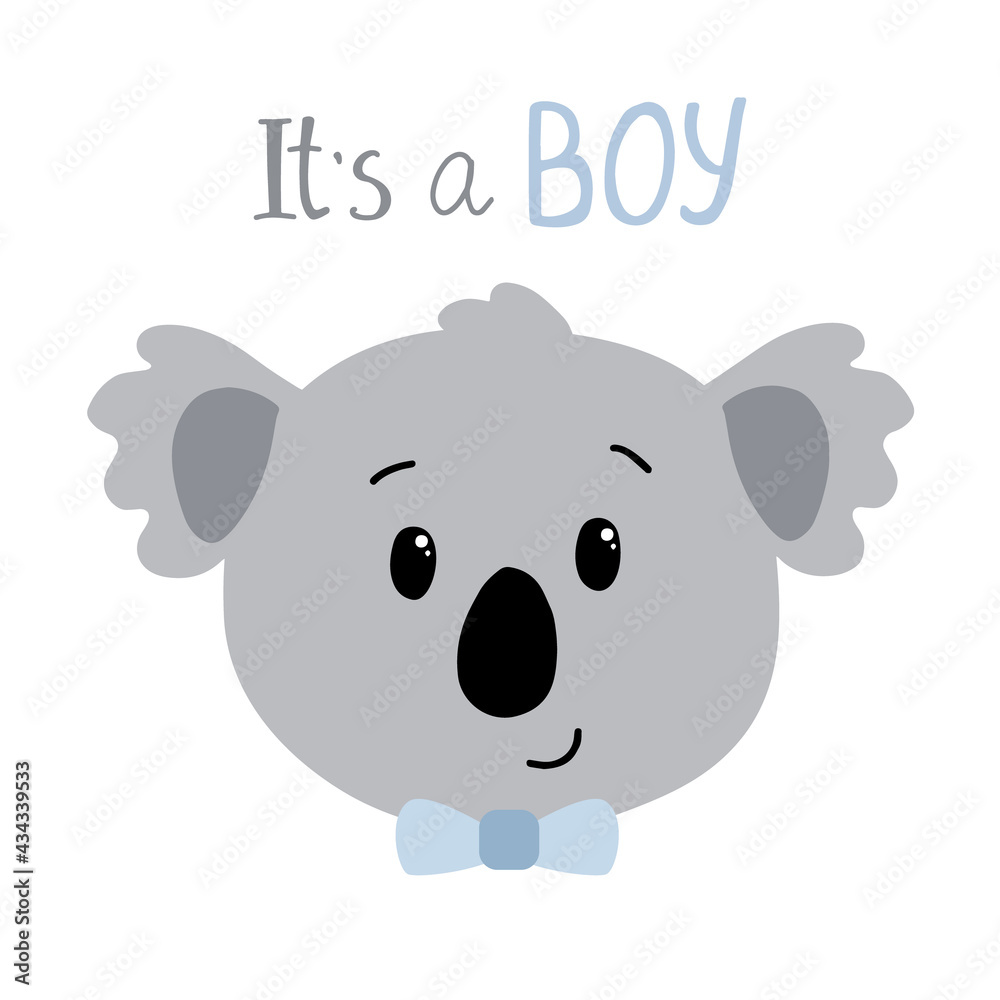 Fototapeta premium hand drawn baby boy koala head. with text it's a boy. Vector illustration