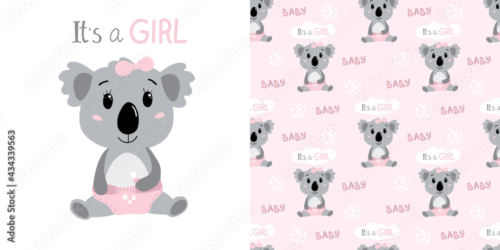 Hand drawn baby girl koala in diapers. Childish seamless pattern with koala character. Pink colors. Vector illustration