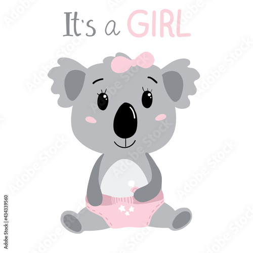 hand drawn baby girl koala in pink diapers. with text it's a girl. Vector isolated on white background.