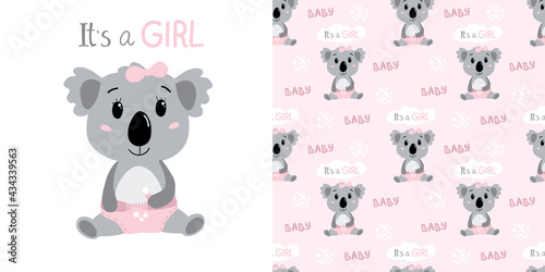 Hand drawn baby girl koala in diapers. Childish seamless pattern with koala character. Pink colors. Vector illustration