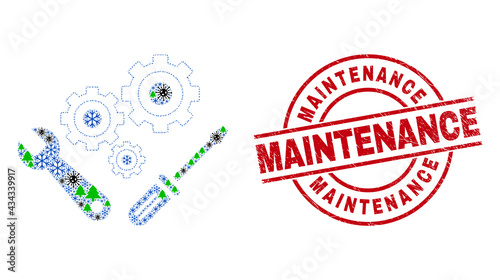Winter pandemic collage instrumental tools, and rubber Maintenance red round stamp print. Collage instrumental tools is composed of viral, green tree, and snow flake symbols.