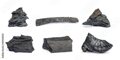 Collection of natural wood charcoal isolated on white background. Hardwood charcoal.