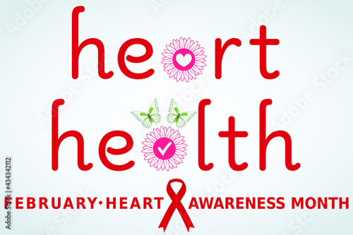 Heart health vector illustration. Flat banner in red, white and pink with butterfly for healthcare, poster. February heart awareness month concept.
