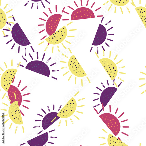 Natural seamless pattern with pink, purple and yellow fruit lobules shapes. Isolated abstract backdrop.