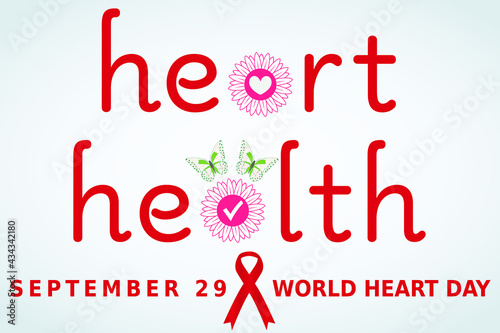 September 29 world heart day vector illustration.Flat banner in red,white and pink for healthcare,poster.Conceptual design with butterfly and ribbon.