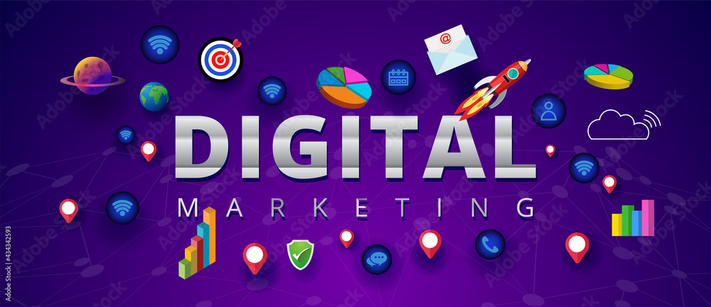 Digital Marketing Concept, Startup Project Work, Computer and Internet Communication, social media, vector design.