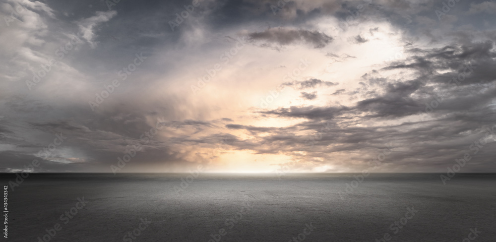 Panorama Sky Clouds Horizon Background Scene with Wide Concrete Floor for Product Placement Panorama Sky Clouds Horizon Background Scene with Wide Concrete Floor for Product Placement