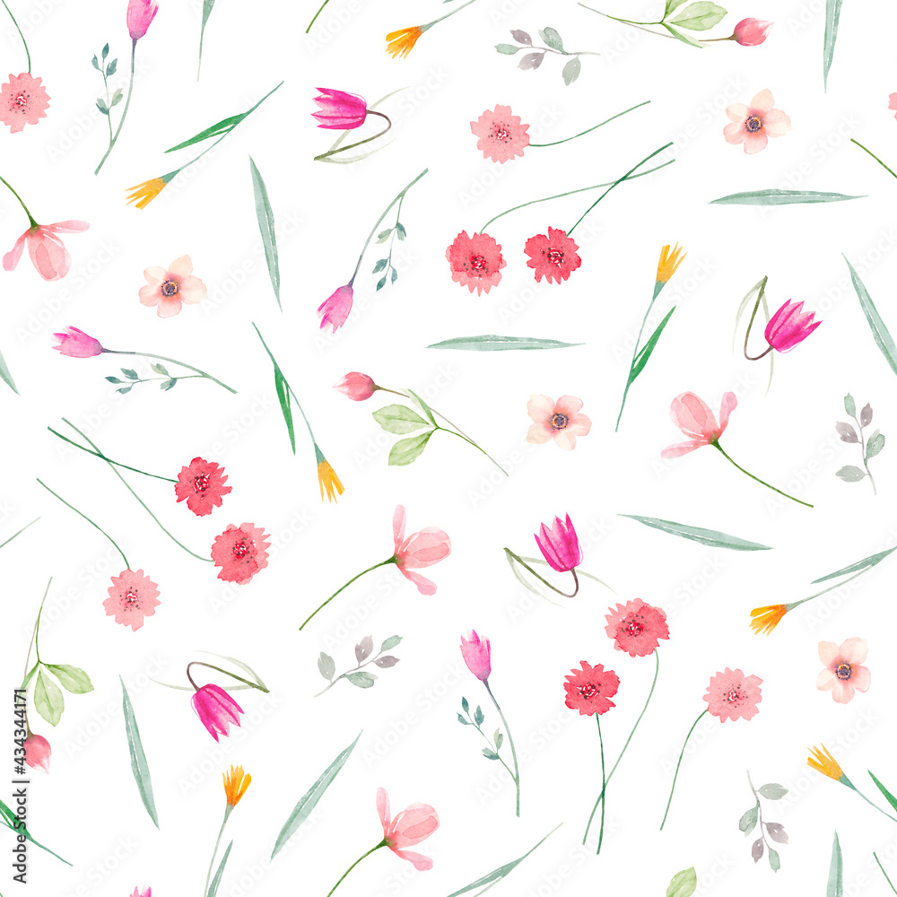 Watercolor floral seamless pattern with different wild flowers. Cute background.