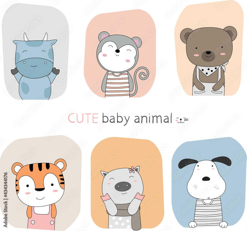 Hand drawn style. Cartoon sketch the cute posture baby animal with frame color background