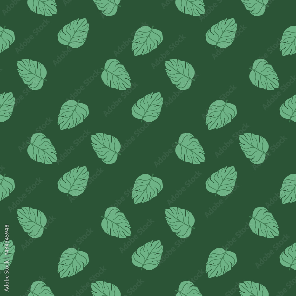 Abstract tropic forest style seamless pattern with doodle monstera leaves shapes. Green background.