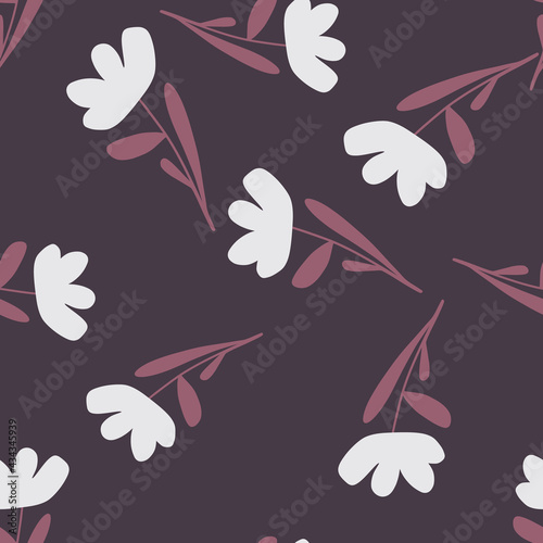 Bloom vintage seamless pattern with random ditsy flowers elements print. Purple background. Bloom print.