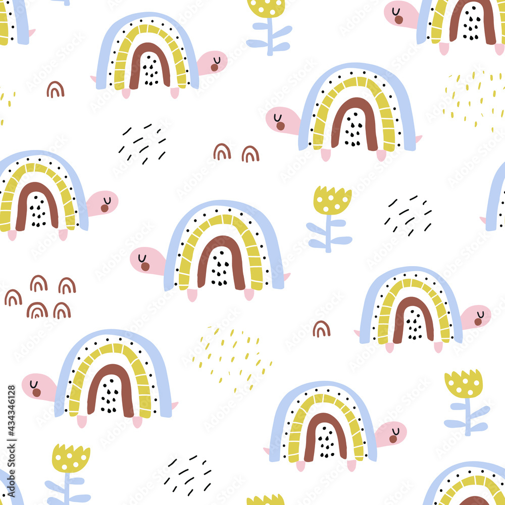 Seamless childish pattern with cute rainbow turtle. Creative hand drawn texture for fabric, wrapping, textile, wallpaper, apparel. Vector illustration