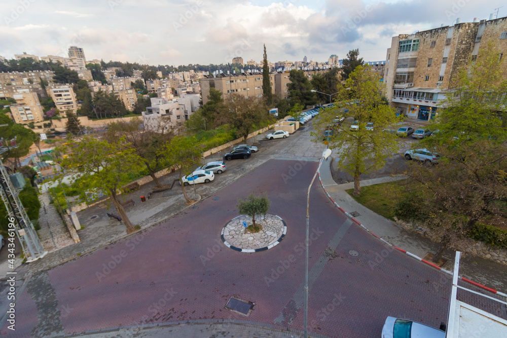jerusalem-israel. 10-04-2020. A view from above of a traffic square in the Givat Mordechai neighborhood of Jerusalem