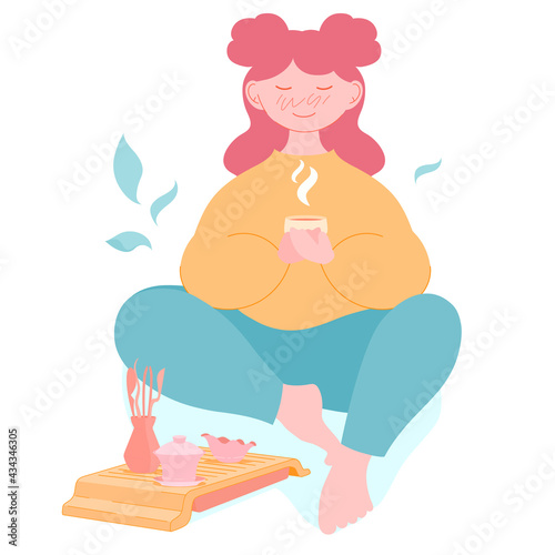 Happy young woman drinks tea by sitting. Chinese Gongfu Cha tea ceremony. Leisure, self care and rest vector by tea therapy Gong Fu Cha