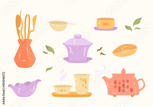 Chinese Gongfu Cha tea ceremony tools. China traditional utensil - Gong Fu Cha table, Gaiwan, Chahai and bowls. Asia teaware. Isolated vector set for handmade, postcards, print on t-shirt, stickers