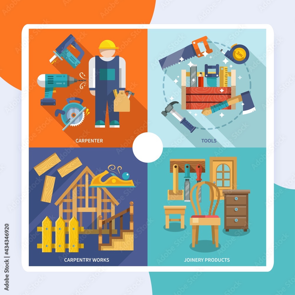 Carpentry works icons flat set with tools carpenter joinery products isolated vector Carpentry works icons flat set with tools carpenter joinery products isolated vector