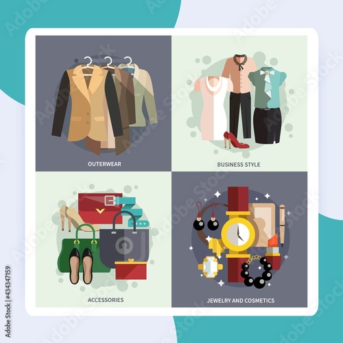 Businesswoman clothes icons flat set with outwear accessories business style jewelry and cosmetics isolated vector