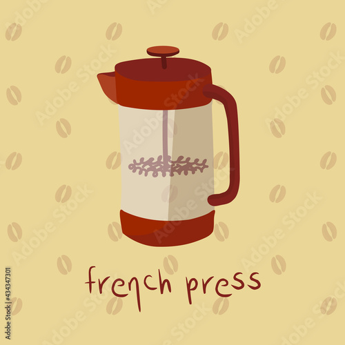 Vector illustration of french press in cute cartoon style. French press coffee, coffee beans on a background with coffee beans. Design elements, perfect for coffee shop, cafe, menu and label.