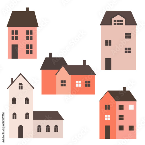 Set of isolated cute European style houses, small buildings and trees. Fashionable city houses with windows and chimneys. Colored flat vector illustration. 