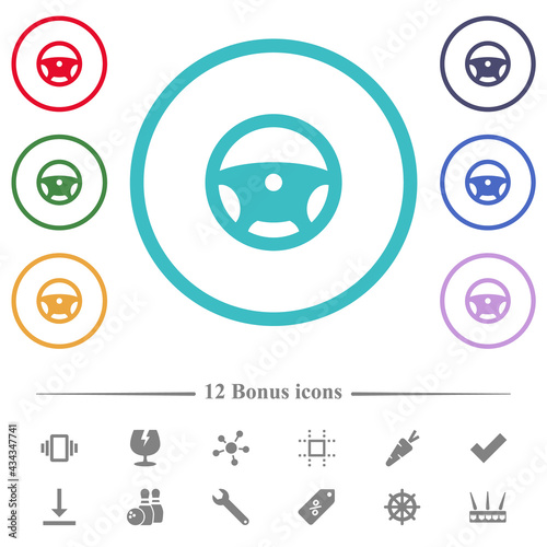 Steering wheel flat color icons in circle shape outlines