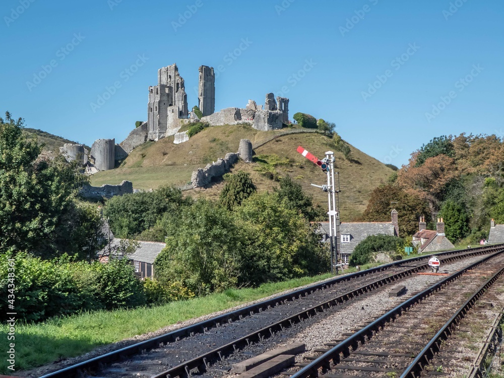 view of Corfe Castle Dorset from the railway track