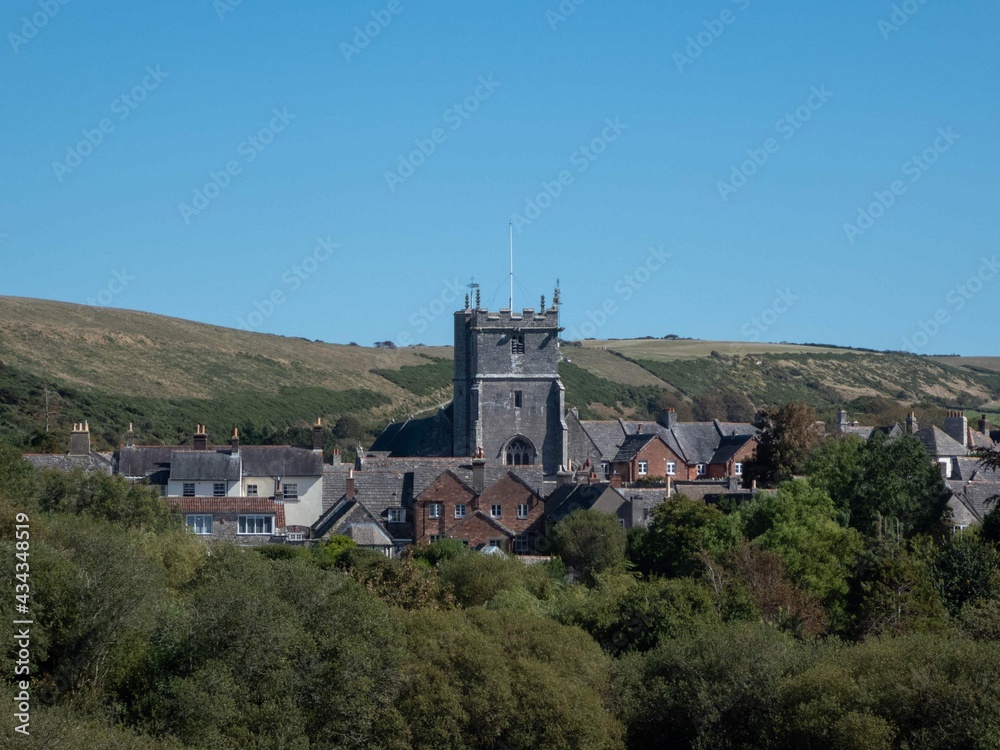 view of Corfe village and St Edward the Martyr Church